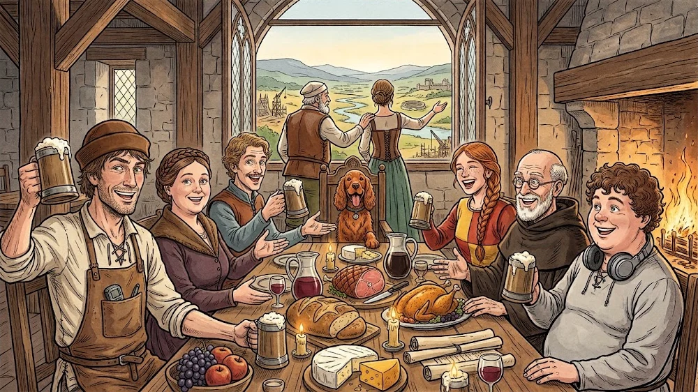 Les conseillers d'Adso attablés dans une taverne médiévale, chope levée vers vous ; Adso le cocker roux en bout de table ; Maître Jean et Maîtresse Jeanne de dos, à la fenêtre